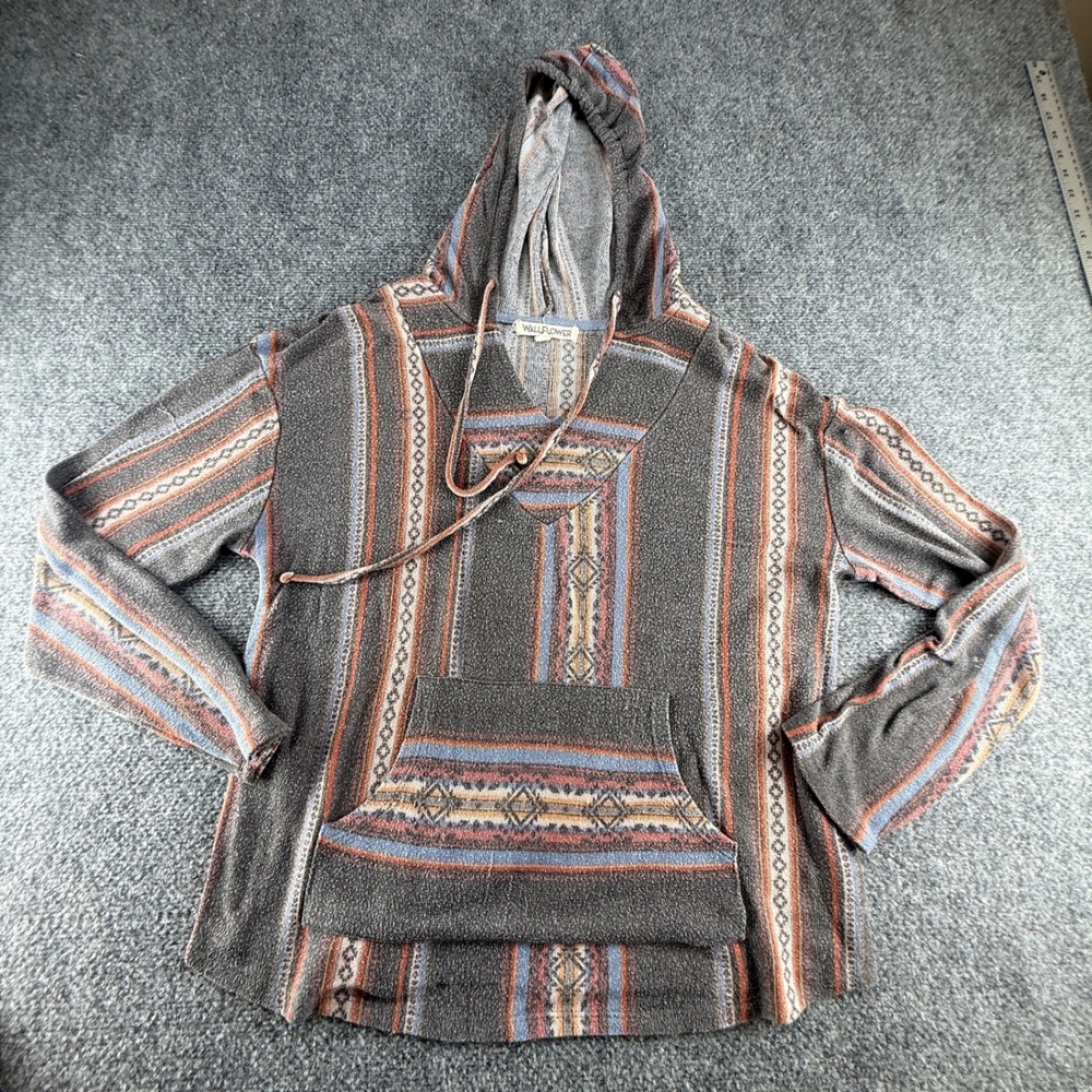 Wallflower Baja Pullover Hoodie XL Charcoal Grey Southwestern Stripe Knit